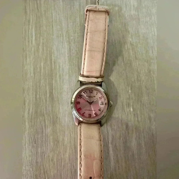 Kenneth Cole Diamond Watch Women Pave Silver Tone Pink Leather Band - Picture 2 of 9